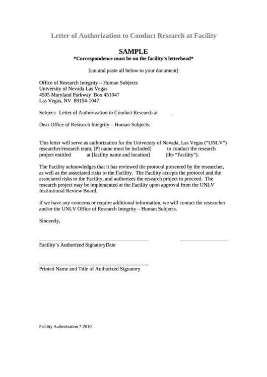 Letter Of Authorization To Conduct Research At Facility