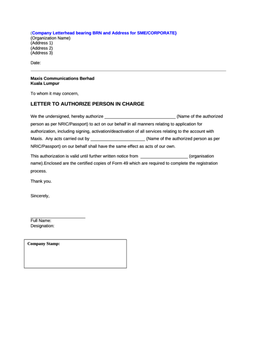 Letter To Authorize Person In Charge Printable pdf