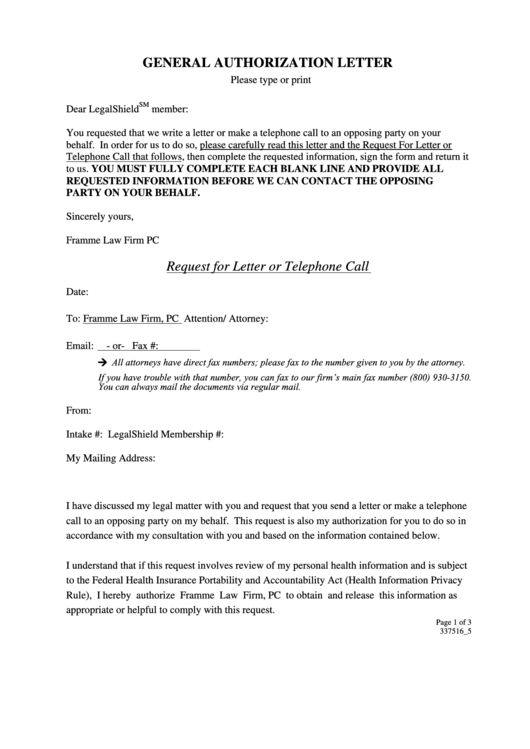 Fillable General Authorization Letter Printable pdf