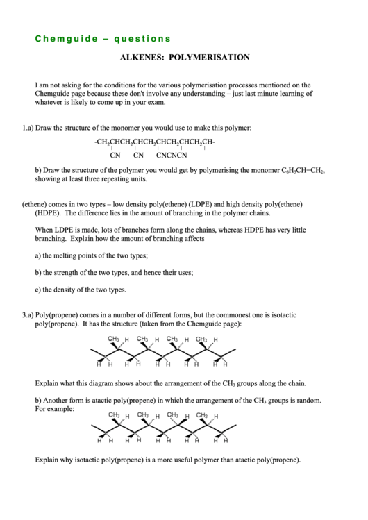 Alkenes Polymerizations Printable pdf