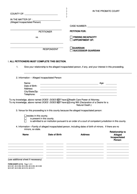 Petition Form For Finding Incapacity/appointment Of Guardian/successor ...