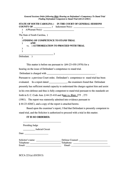 Finding Of Competence To Stand Trial Authorization To Proceed With Trial Printable pdf