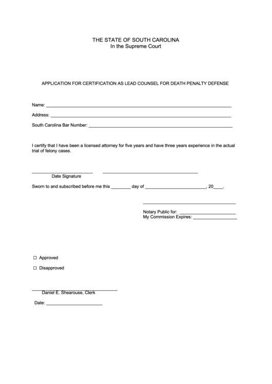Application For Certification As Lead Counsel For Death Penalty Defense Printable pdf