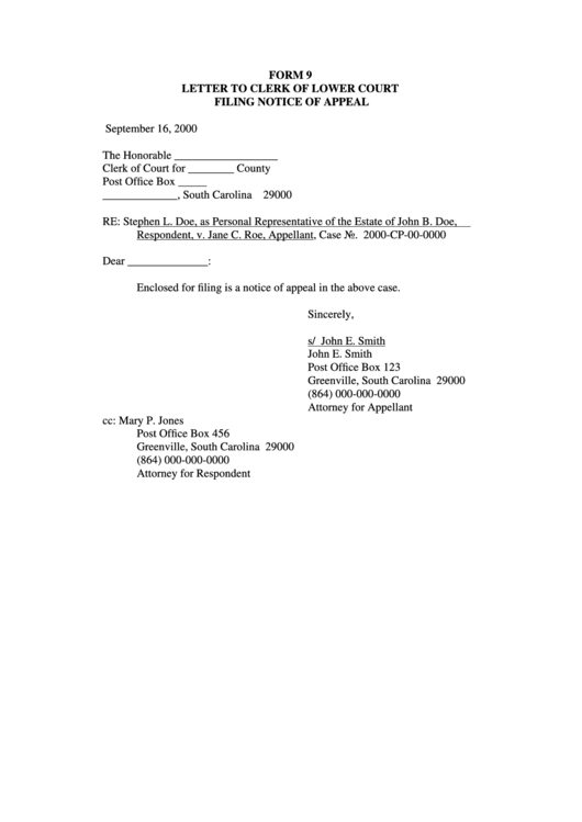 Letter To Clerk Of Lower Court Filing Notice Of Appeal printable pdf