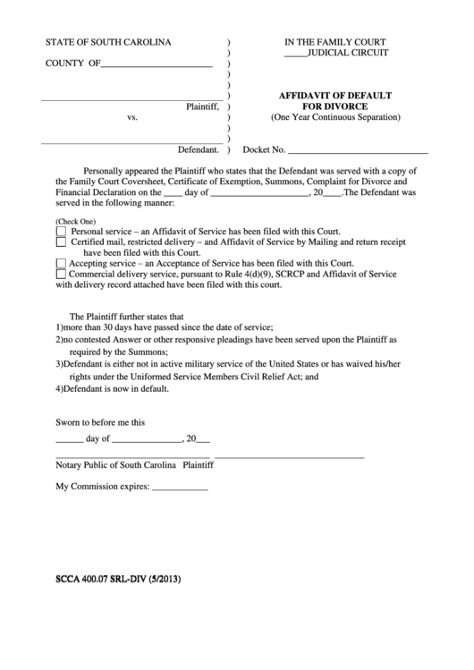 Affidavit Of Default For Divorce One Year Continuous Separation Printable pdf