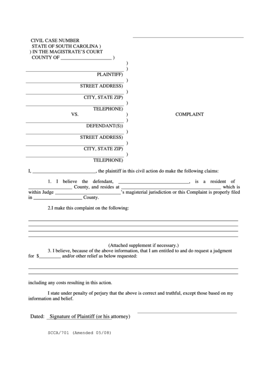 Complaint Magistrate S Court State Of South Carolina printable pdf