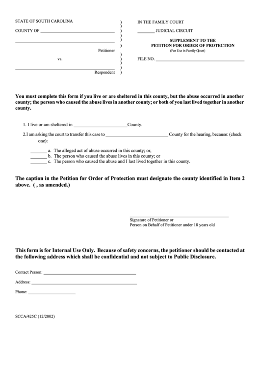 Fillable Supplement To The Petition For Order Of Protection Printable pdf