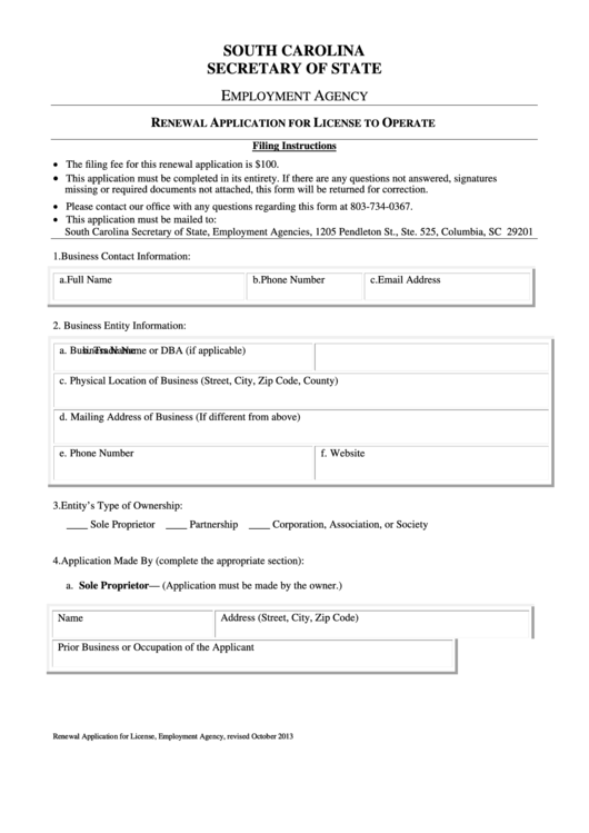 Fillable Renewal Application For License To Operate Employment Agency - South Carolina Secretary Of State Printable pdf
