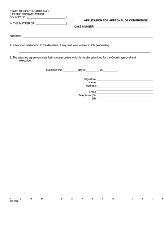 Application For Approval Of Compromise Printable pdf