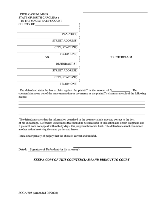 Counterclaim Form - State Of South Carolina Printable pdf