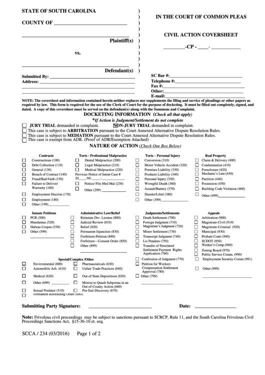 Civil Action Coversheet Printable pdf