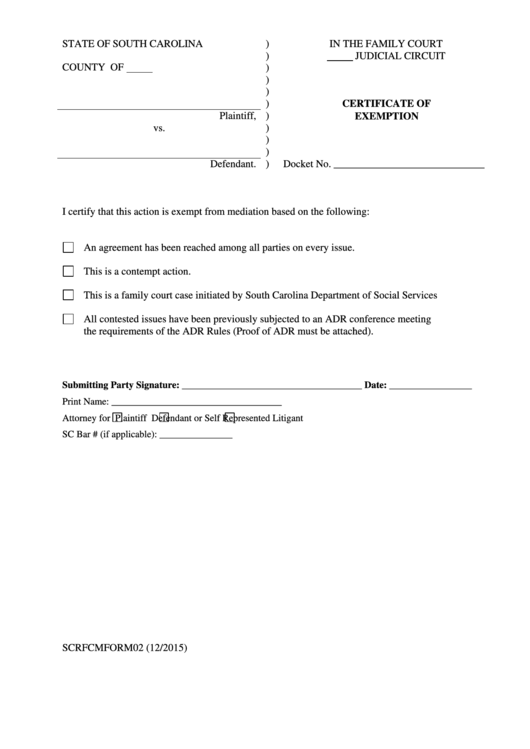 Certificate Of Exemption Printable pdf