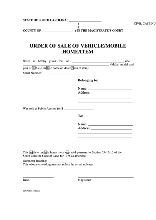 Order Of Sale Of Vehicle Mobile Home Item Printable pdf