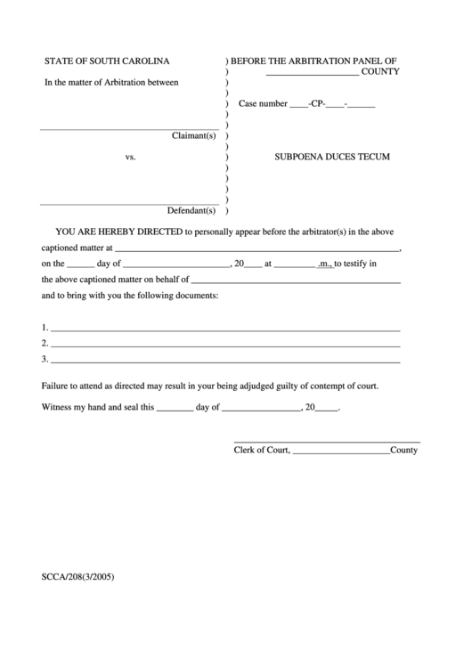 Subpoena Duces Tecum Printable pdf