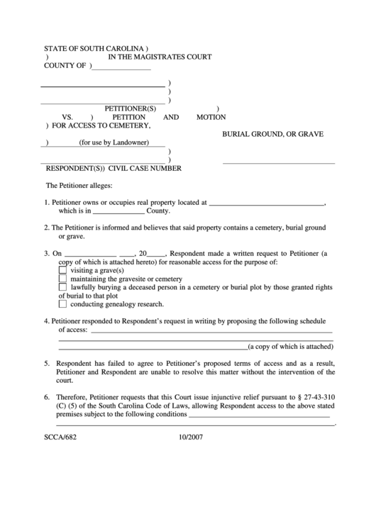 Petition And Motion For Access To Cemetery Printable pdf