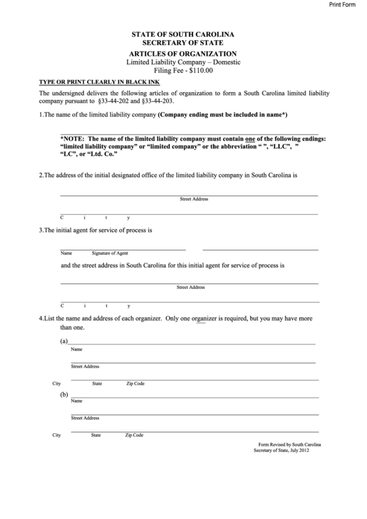 Fillable Articles Of Organization Form - Secretary Of State - State Of South Carolina - 2012 Printable pdf