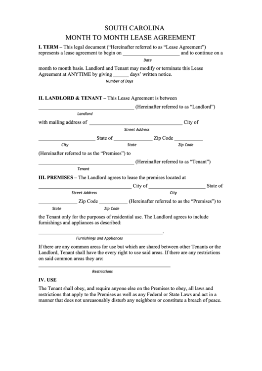 Fillable South Carolina Month To Month Lease Agreement Template Printable pdf