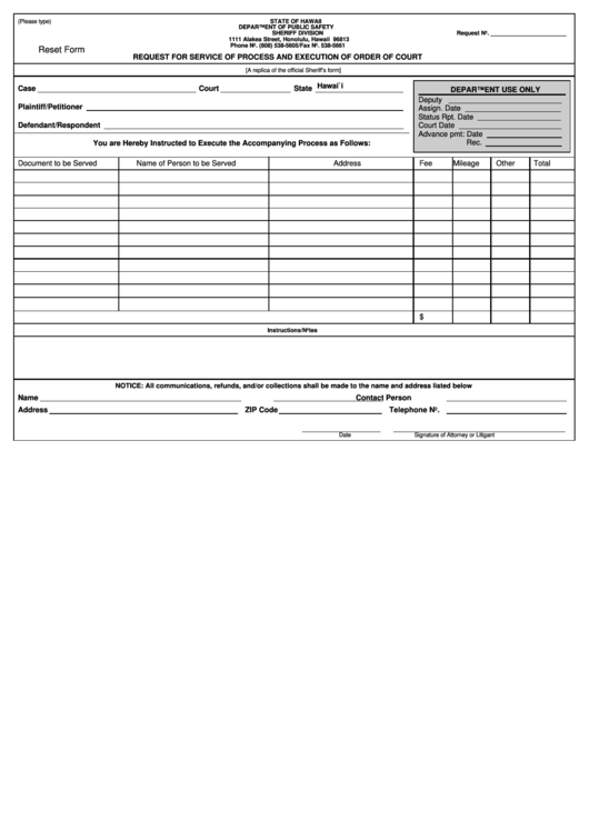 Fillable Request For Service Of Process And Execution Of Order Of Court Printable pdf