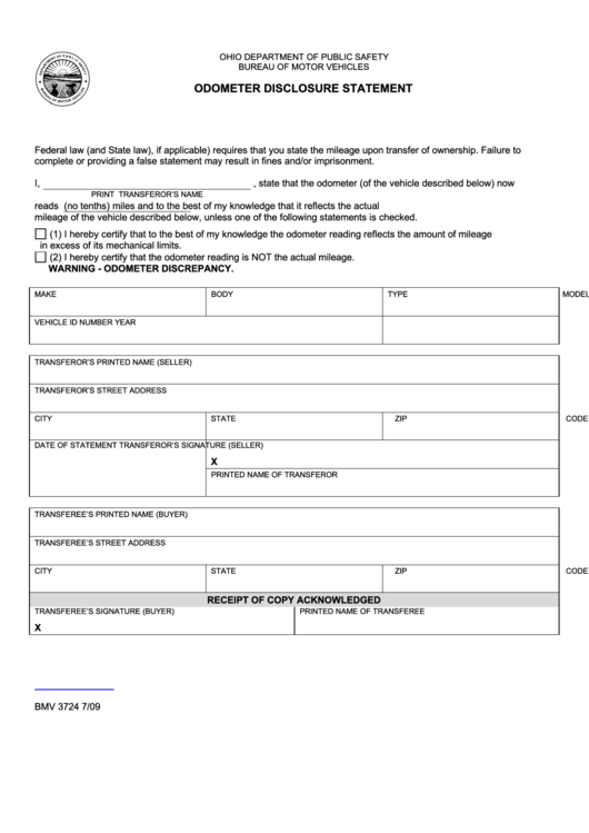 Odometer Disclosure Statement Printable pdf