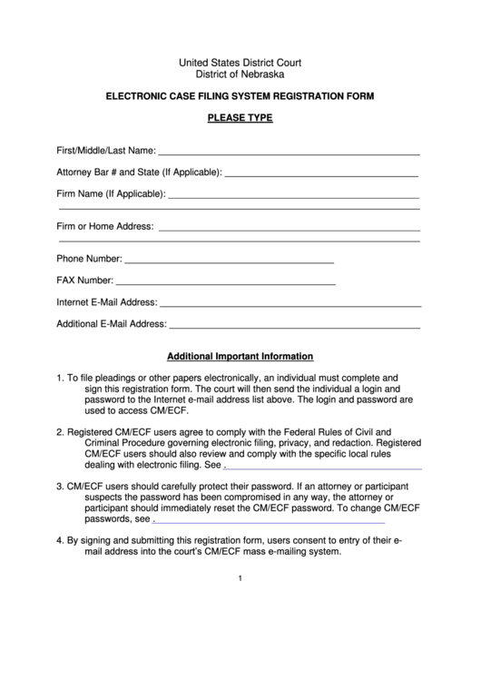 Electronic Case Filing System Registration Form Printable pdf