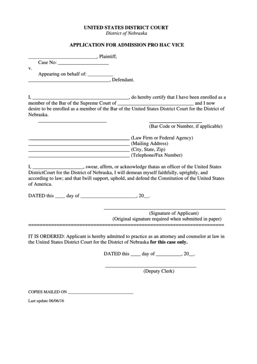 Application For Admission Pro Hac Vice Form Printable pdf