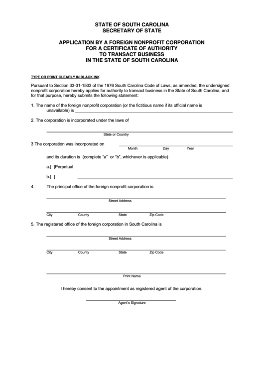 Fillable Application By A Foreign Nonprofit Corporation For A Certificate Of Authority - South Carolina Secretary Of State Printable pdf