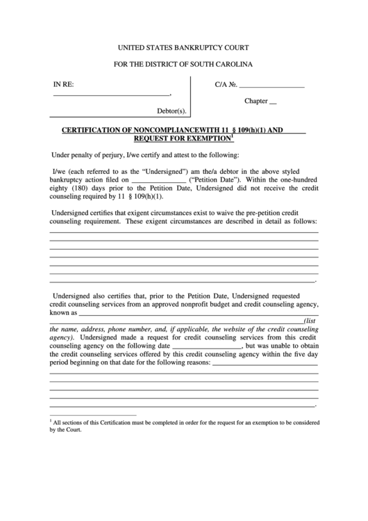 Certification Of Noncompliance With 11 Usc Request For Exemption Printable pdf