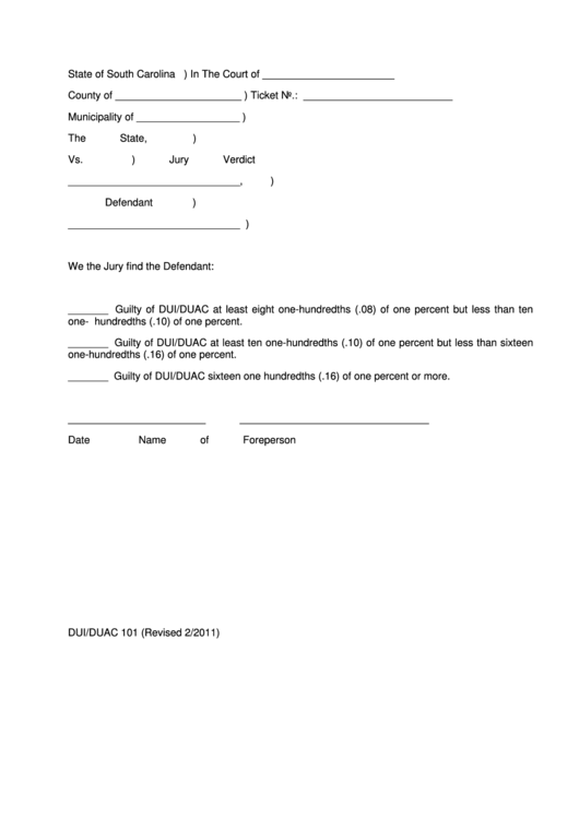 Jury Verdict Template - State Of South Carolina Printable pdf