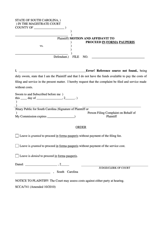 Motion And Affidavit To Proceed In Forma Pauperis Printable pdf