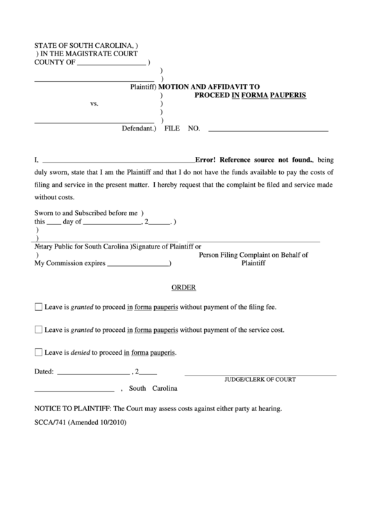 Motion And Affidavit To Proceed In Forma Pauperis Printable Pdf Download