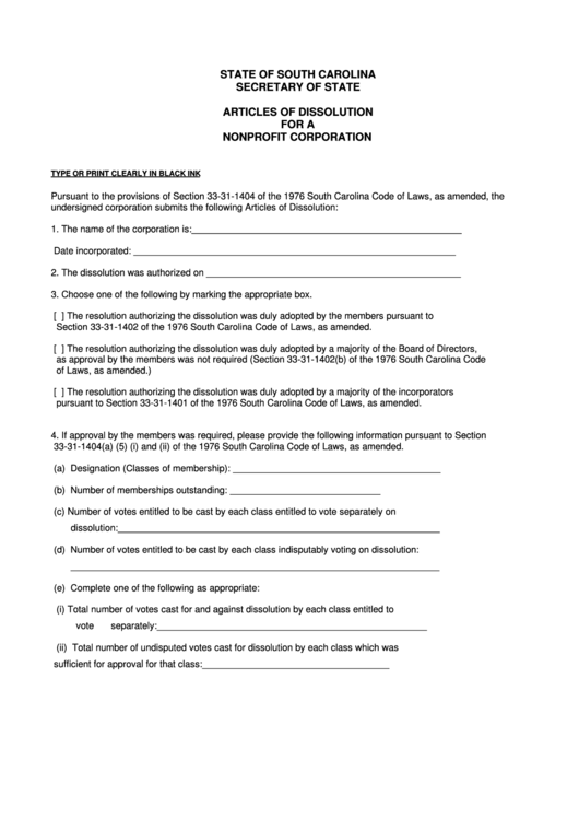 Fillable Articles Of Dissolution For A Nonprofit Corporation - South Carolina Secretary Of State Printable pdf