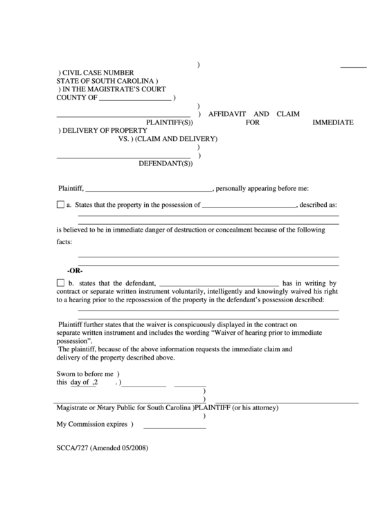 Affidavit And Claim For Immediate Delivery Of Property Printable pdf