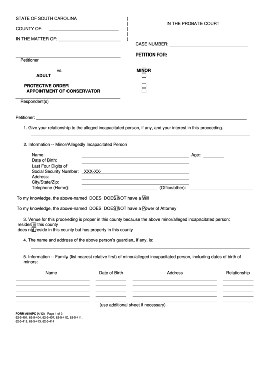 Petition For Protective Order/appointment Of Conservator - State Of South Carolina Probate Court Printable pdf
