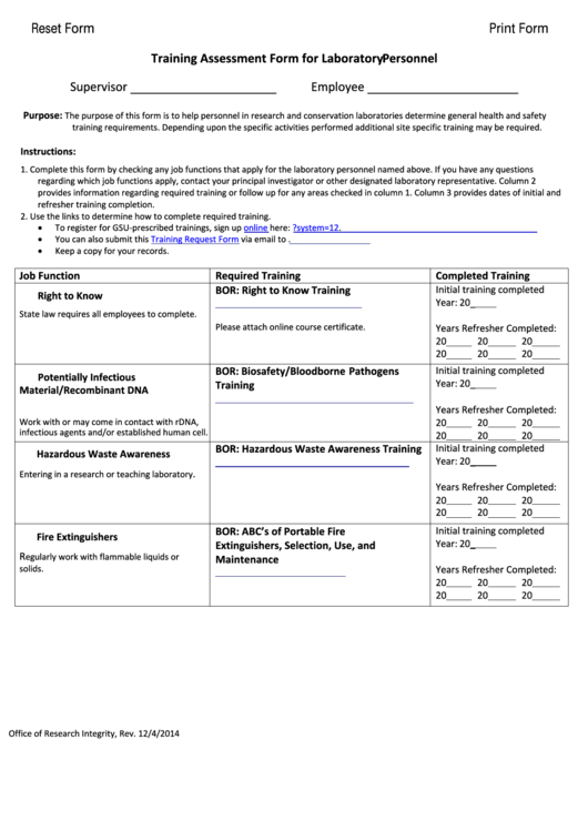 Fillable Training Assessment Form For Laboratory Personnel Printable pdf