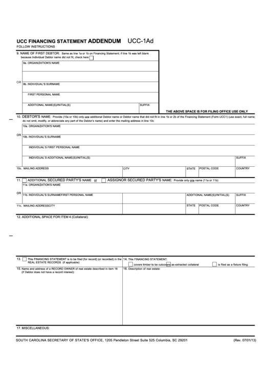 Fillable Form Ucc-1ad - Ucc Financing Statement Addendum Printable pdf