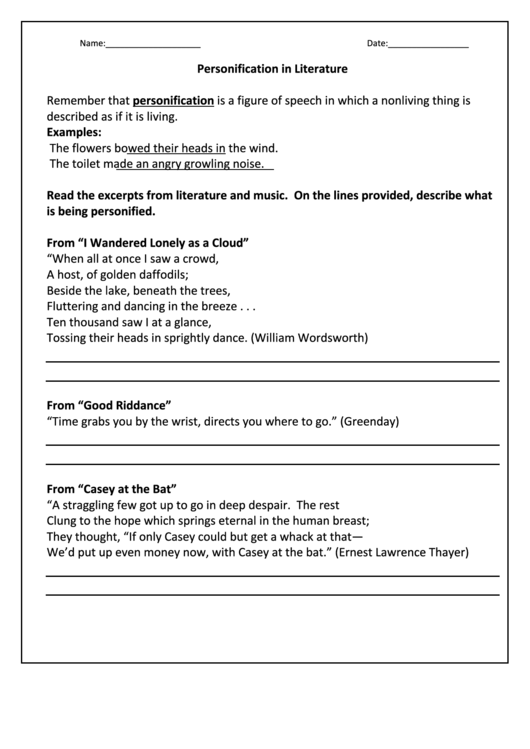 Personification In Literature Worksheet Template Printable pdf