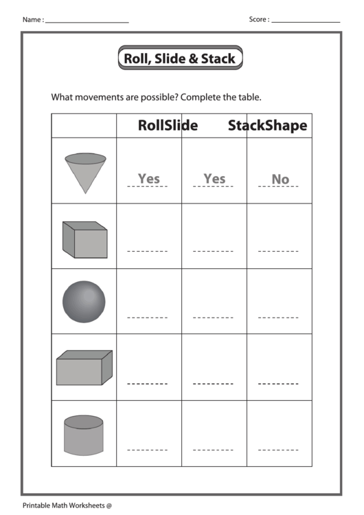 Roll, Slide & Stack Shapes Worksheet Template Printable pdf