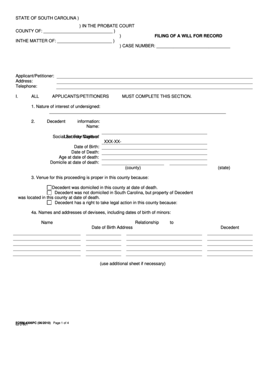 Filing Of A Will For Record Printable pdf