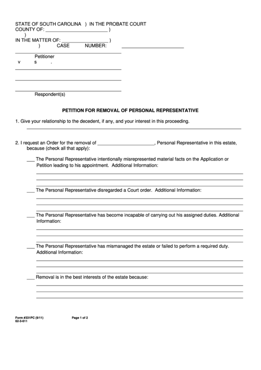 Petition For Removal Of Personal Representative Printable pdf