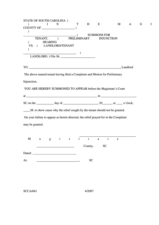 Summons For Preliminary Injunction Hearing Landlord Vs Tenant Printable pdf