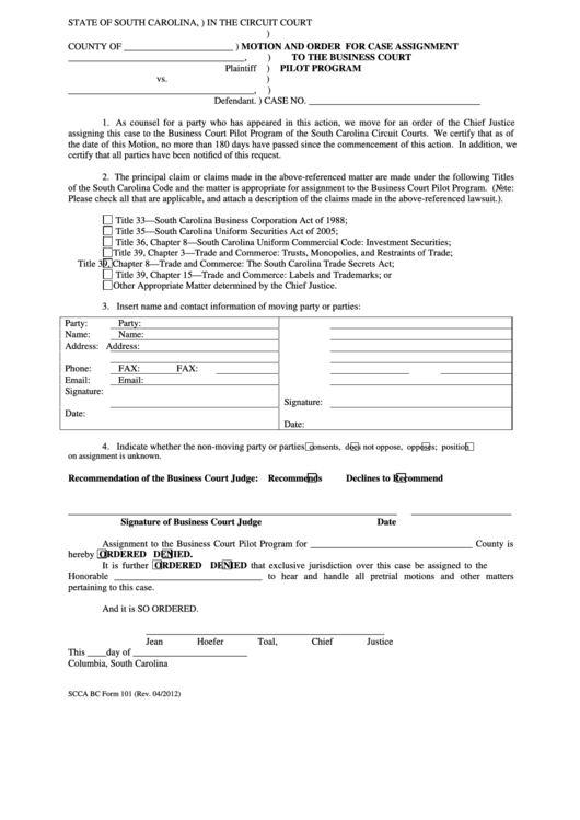 Motion And Order For Case Assignment To The Business Court Pilot Program Printable pdf