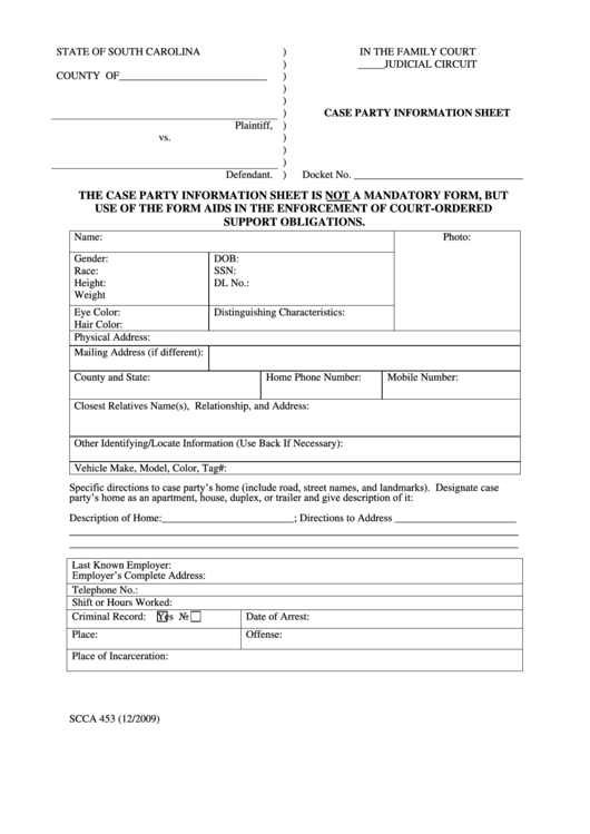 Case Party Information Sheet Printable pdf