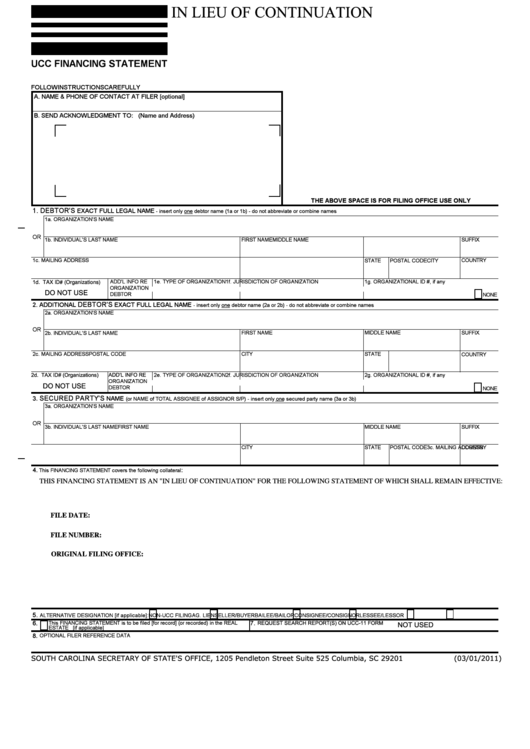 Fillable Ucc Financing Statement Form - In Lieu Of Continuation Printable pdf