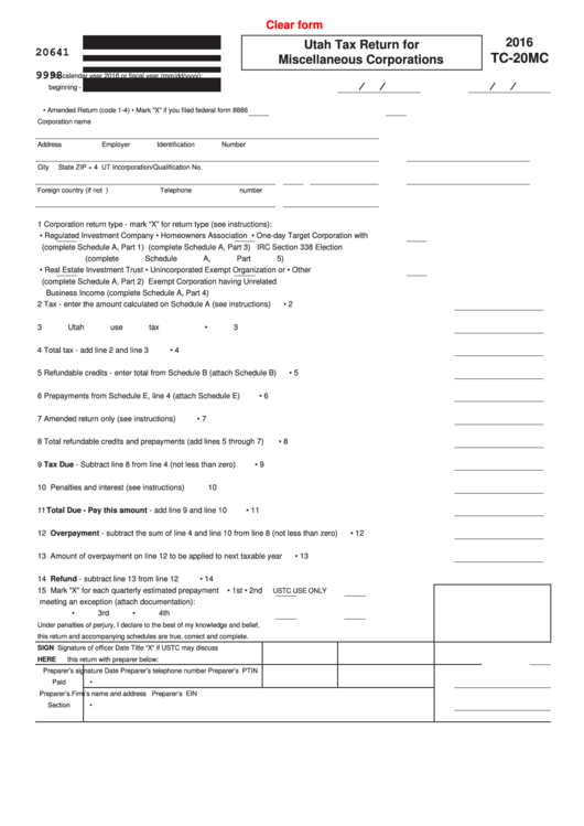 Fillable Form Tc-20mc - Utah Tax Return For Miscellaneous Corporations - 2016 Printable pdf