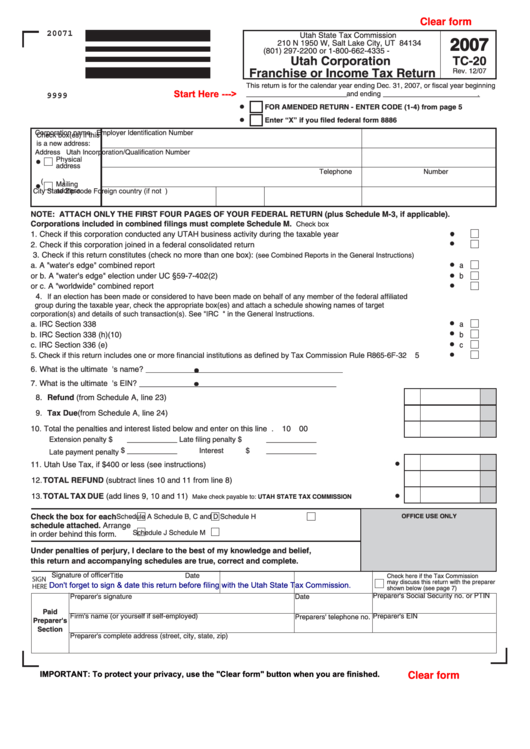 Fillable Form Tc-20 - Utah Corporation Franchise Or Income Tax Return - 2007 Printable pdf
