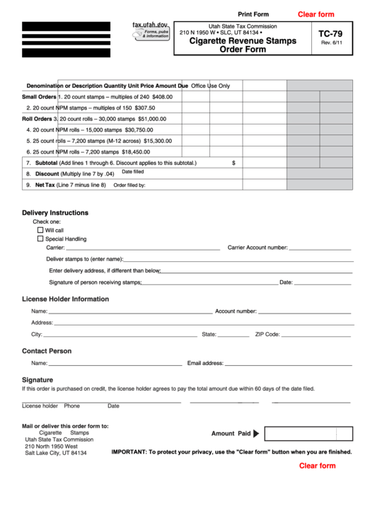 Fillable Cigarette Revenue Stamps Order Form Printable pdf