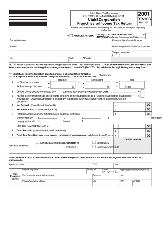 Utah S Corporation Franchise Or Income Tax Return 2001 Printable pdf