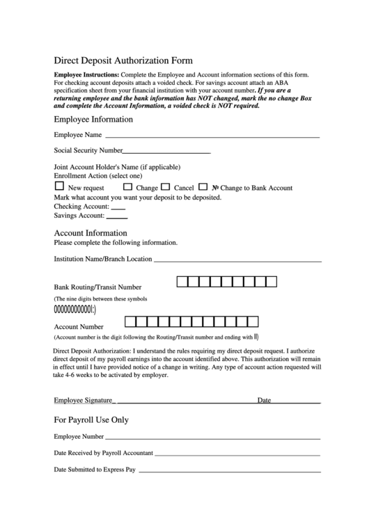 Direct Deposit Authorization Form printable pdf download