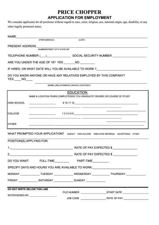 Fillable Price Chopper Application Form For Employment Printable pdf