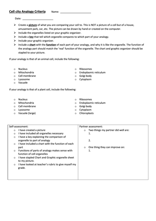 Cell City Analogy Criteria Worksheet Printable pdf